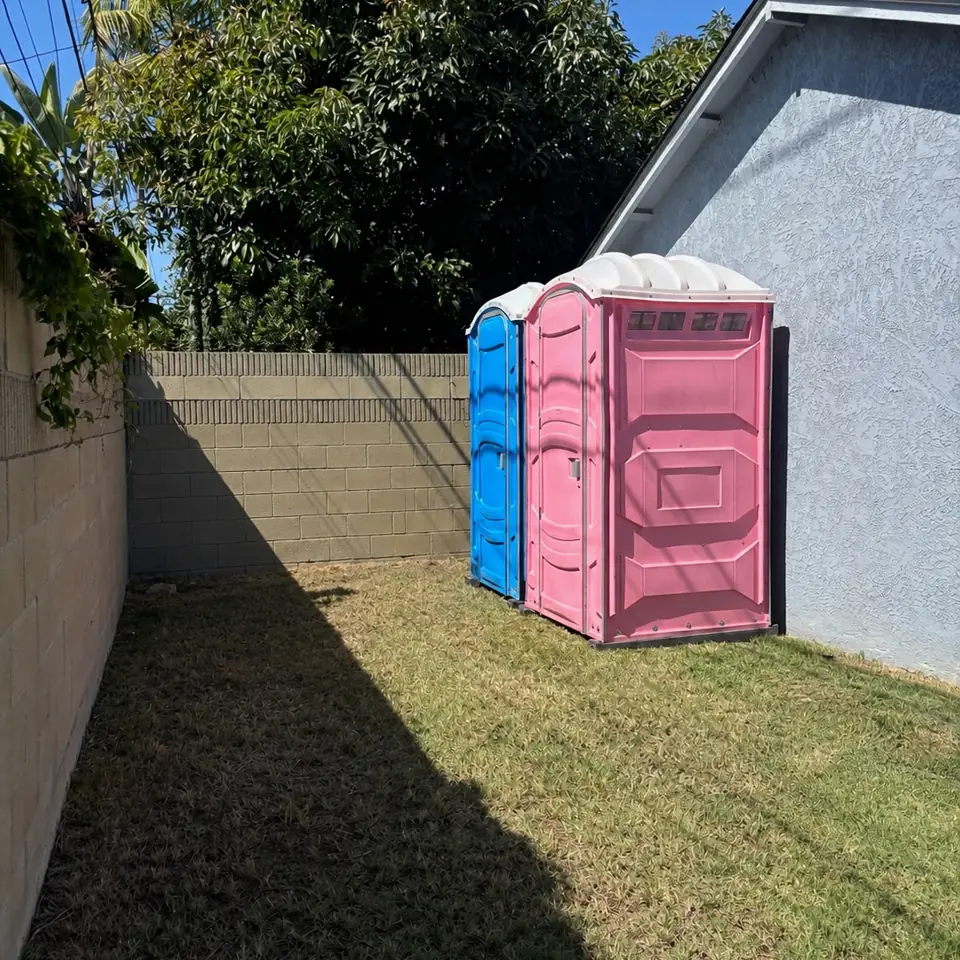 Pink and blue porta potties in a fenced side yard
